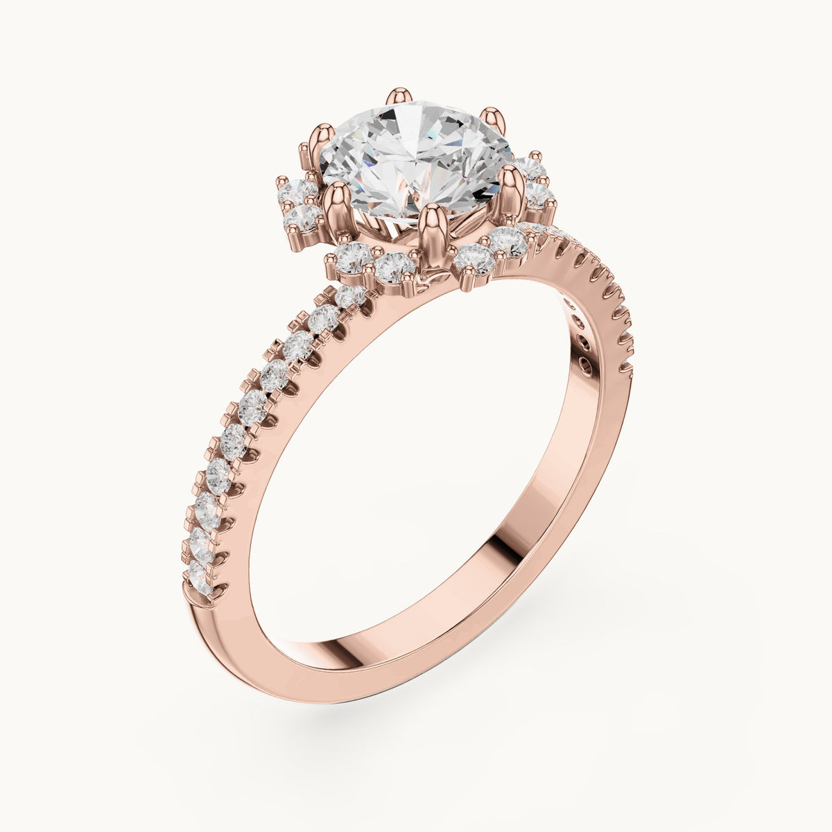 Round lab-grown diamond flower halo engagement ring with pavé band in rose gold, 1.29 CT TW, view 2