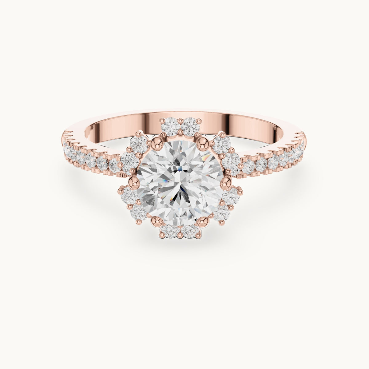 Round lab-grown diamond flower halo engagement ring with pavé band in rose gold, 1.29 CT TW, view 4
