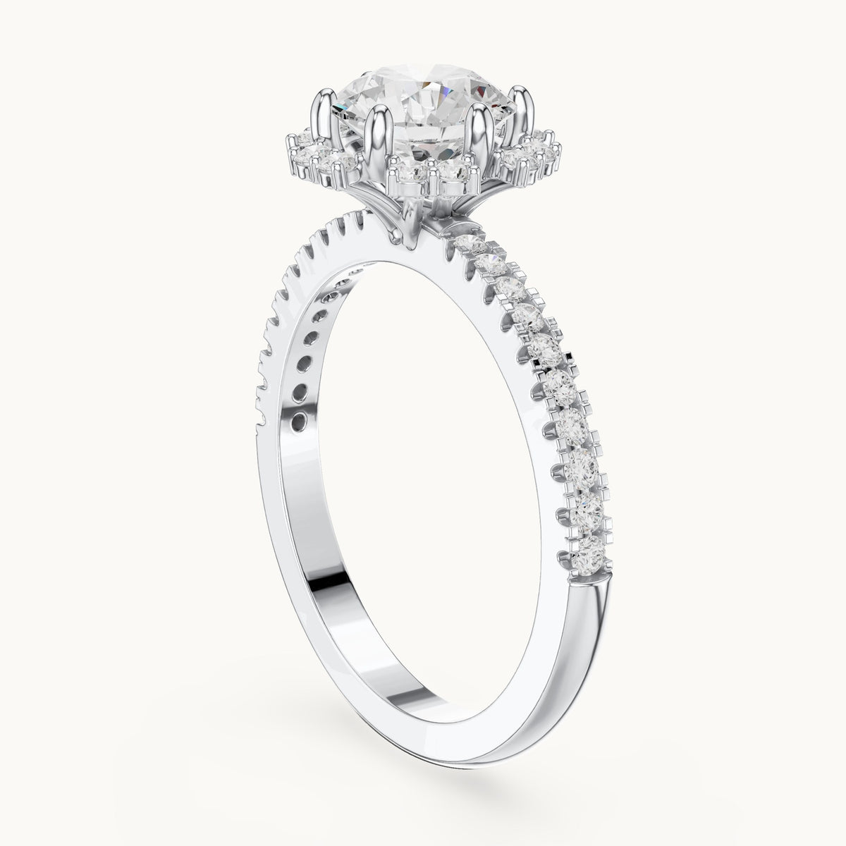 Round lab-grown diamond flower halo engagement ring with pavé band in white gold, 1.29 CT TW, view 1