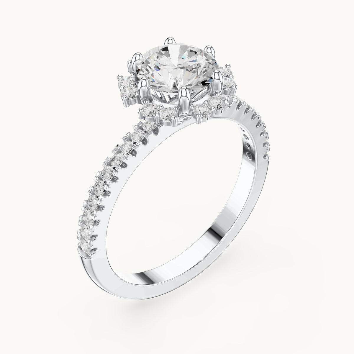 Round lab-grown diamond flower halo engagement ring with pavé band in white gold, 1.29 CT TW, view 2