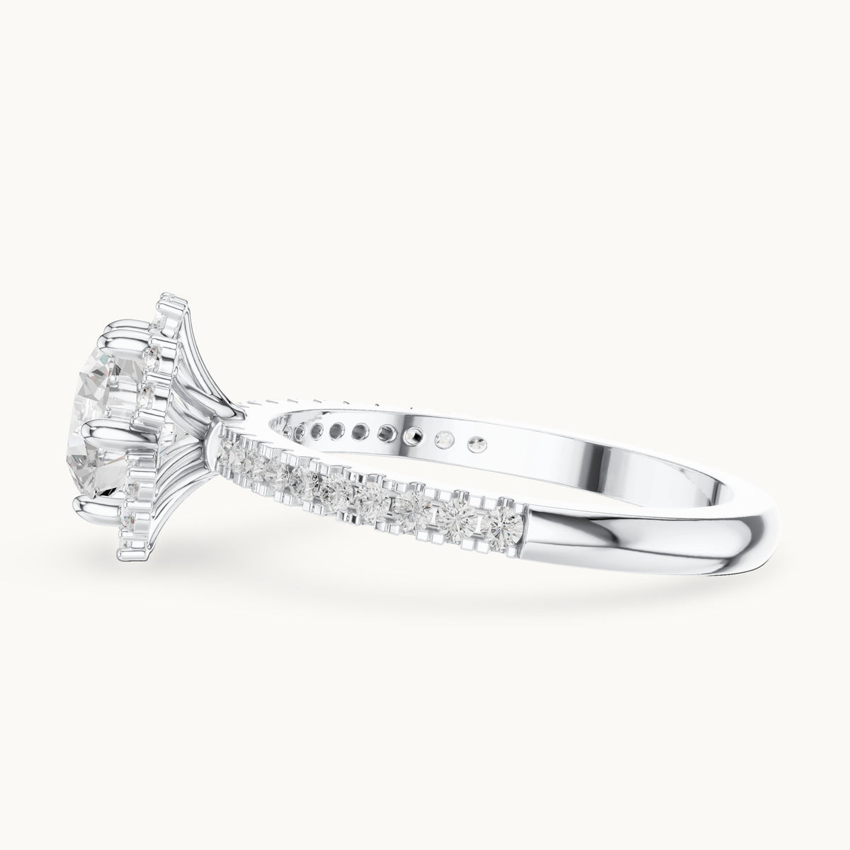Round lab-grown diamond flower halo engagement ring with pavé band in white gold, 1.29 CT TW, view 3