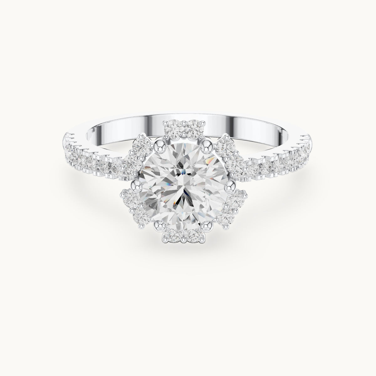 Round lab-grown diamond flower halo engagement ring with pavé band in white gold, 1.29 CT TW, view 4