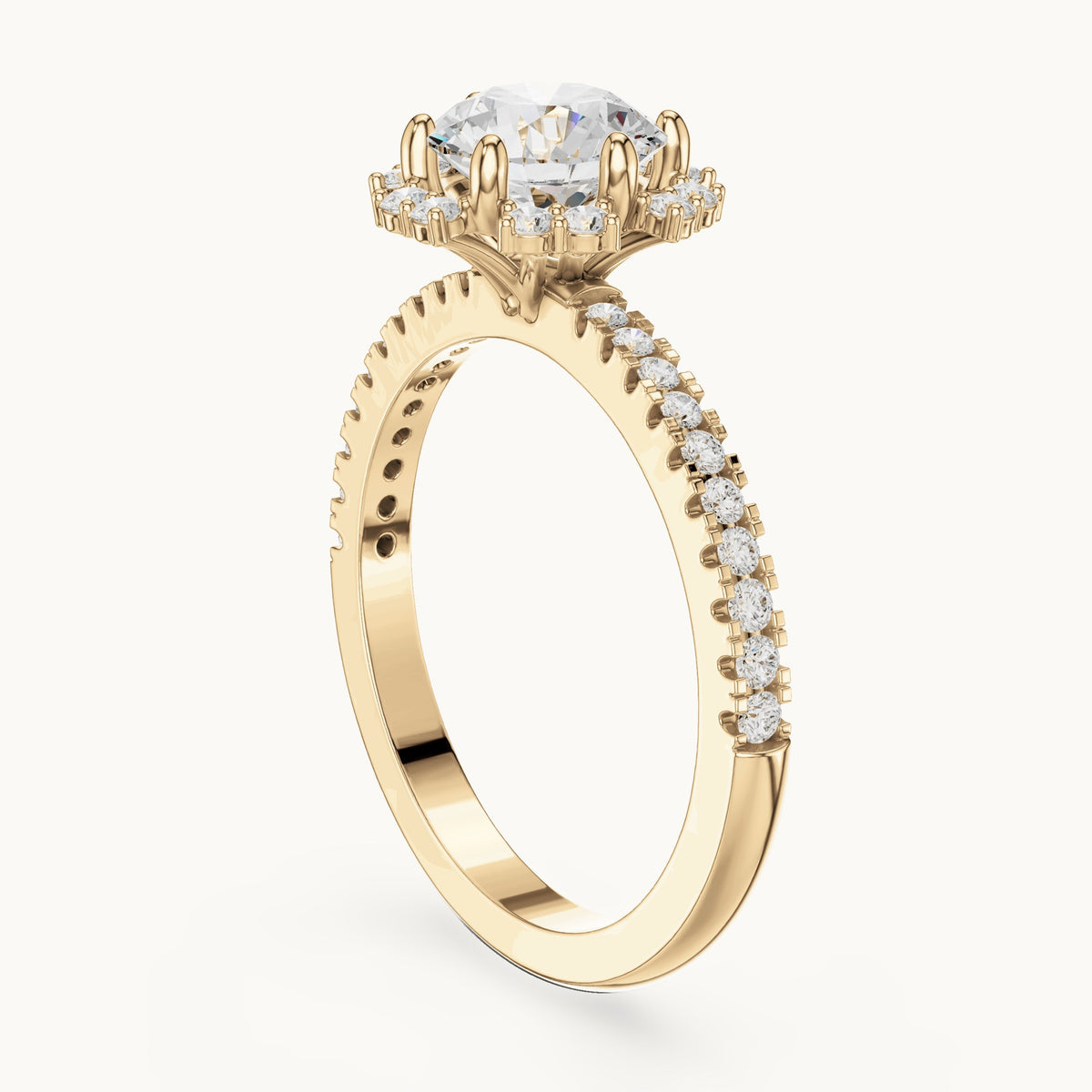 Round lab-grown diamond flower halo engagement ring with pavé band in yellow gold, 1.29 CT TW, view 1