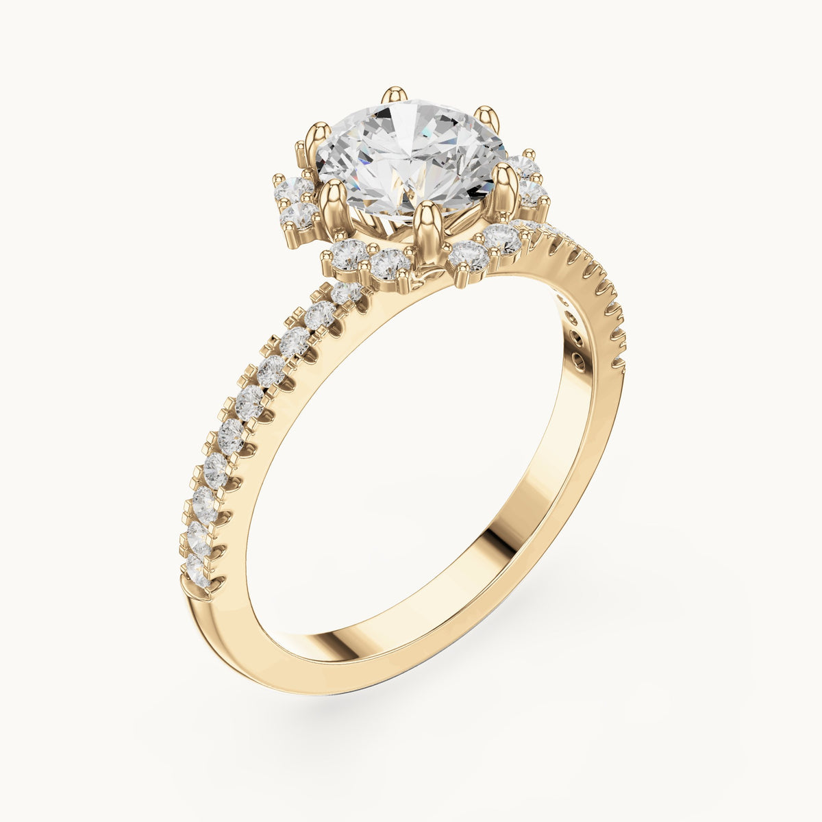 Round lab-grown diamond flower halo engagement ring with pavé band in yellow gold, 1.29 CT TW, view 2