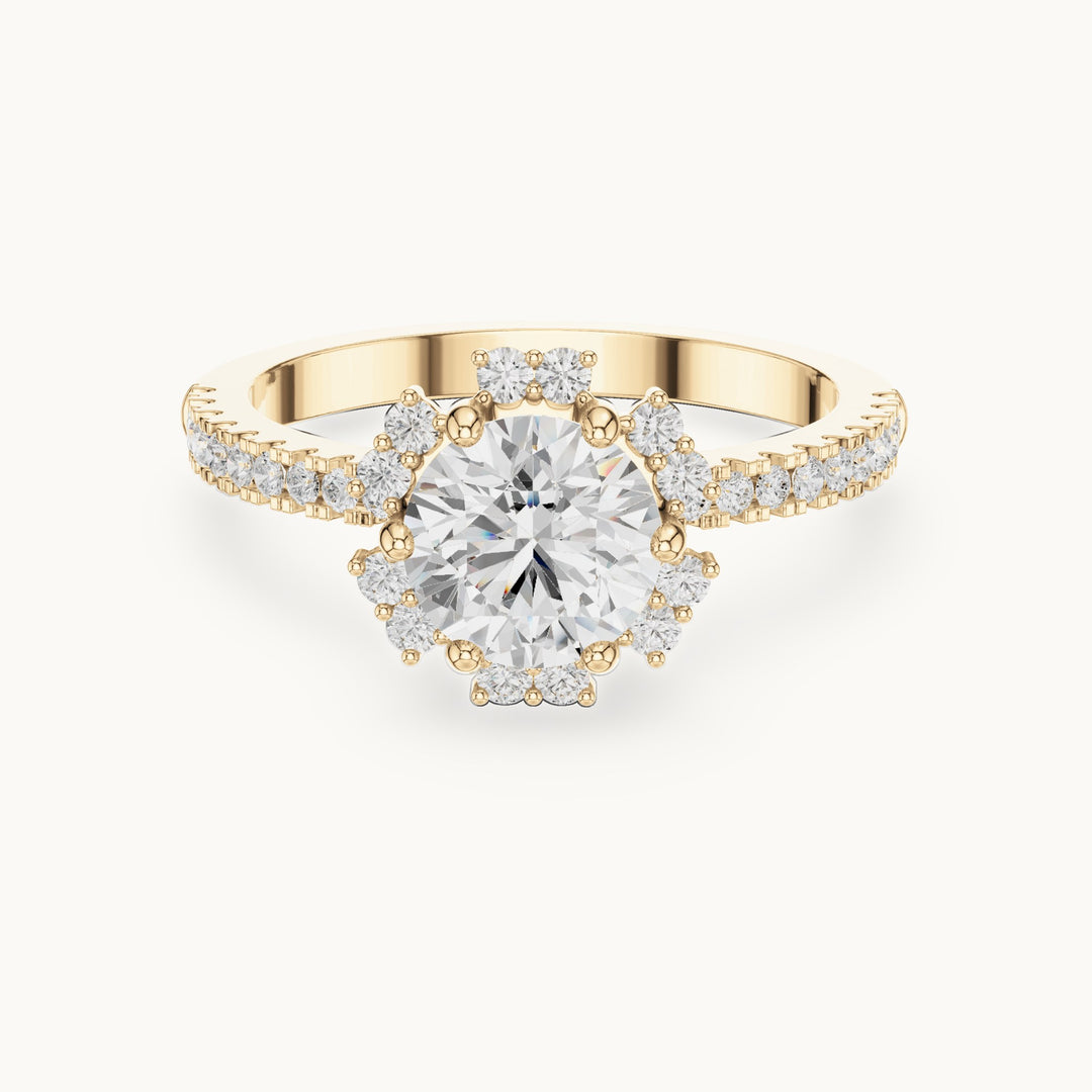 Round lab-grown diamond flower halo engagement ring with pavé band in yellow gold, 1.29 CT TW, view 4