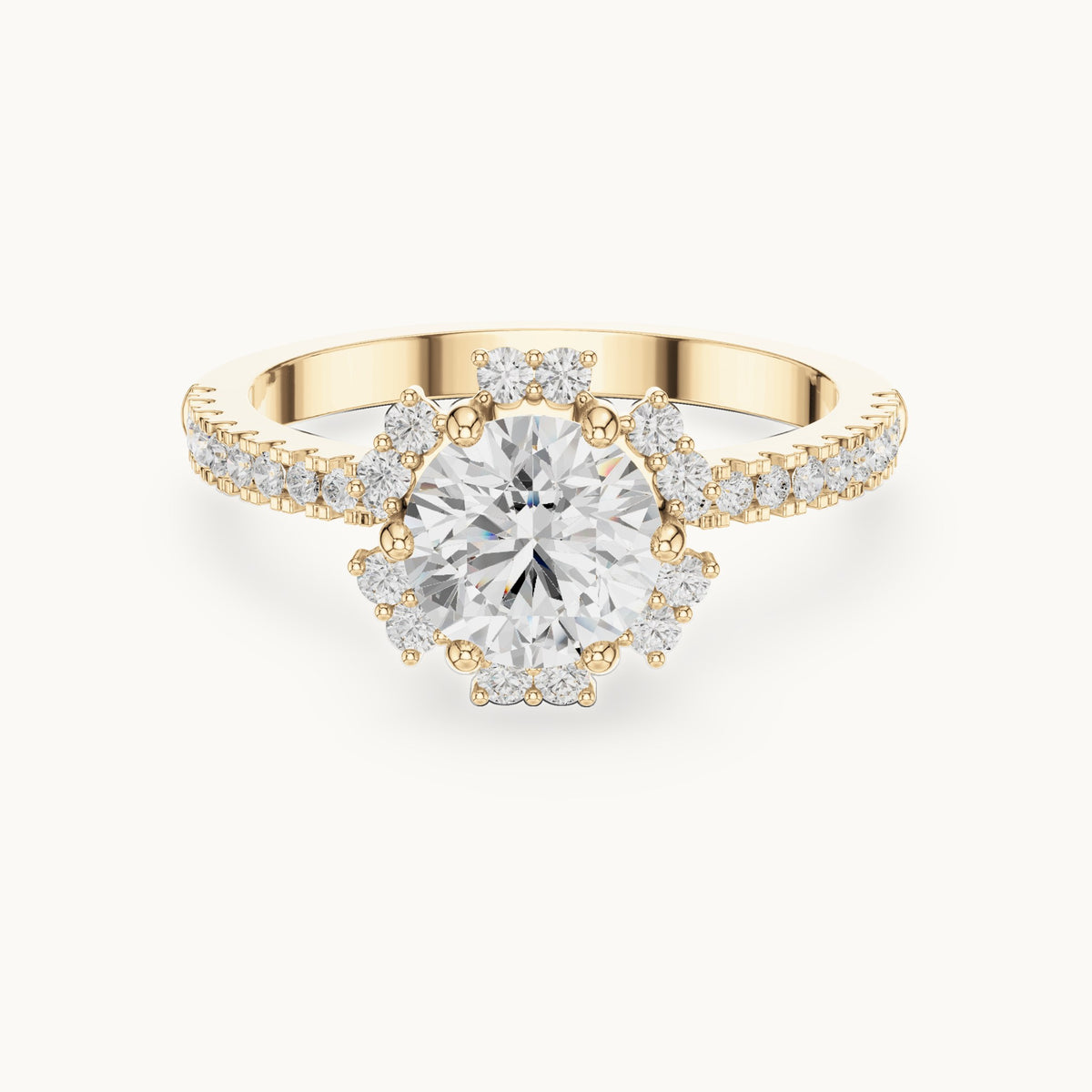 Round lab-grown diamond flower halo engagement ring with pavé band in yellow gold, 1.29 CT TW, view 4