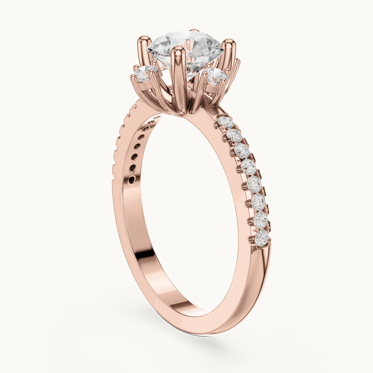 Round lab-grown diamond compass accent engagement ring with pavé band in rose gold, 1.30 CT TW, view 1