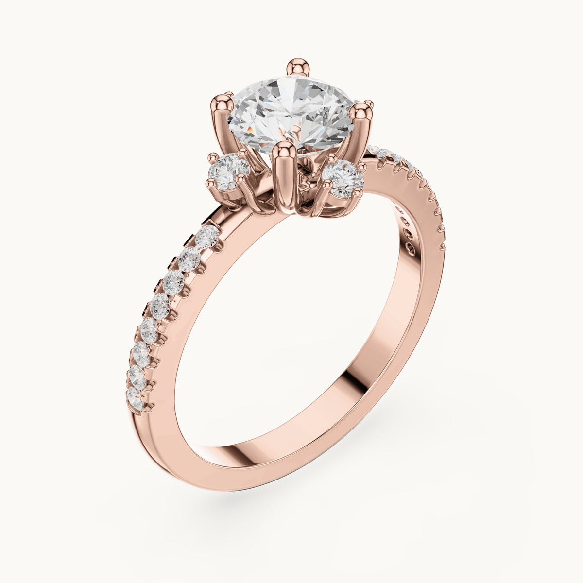 Round lab-grown diamond compass accent engagement ring with pavé band in rose gold, 1.30 CT TW, view 2