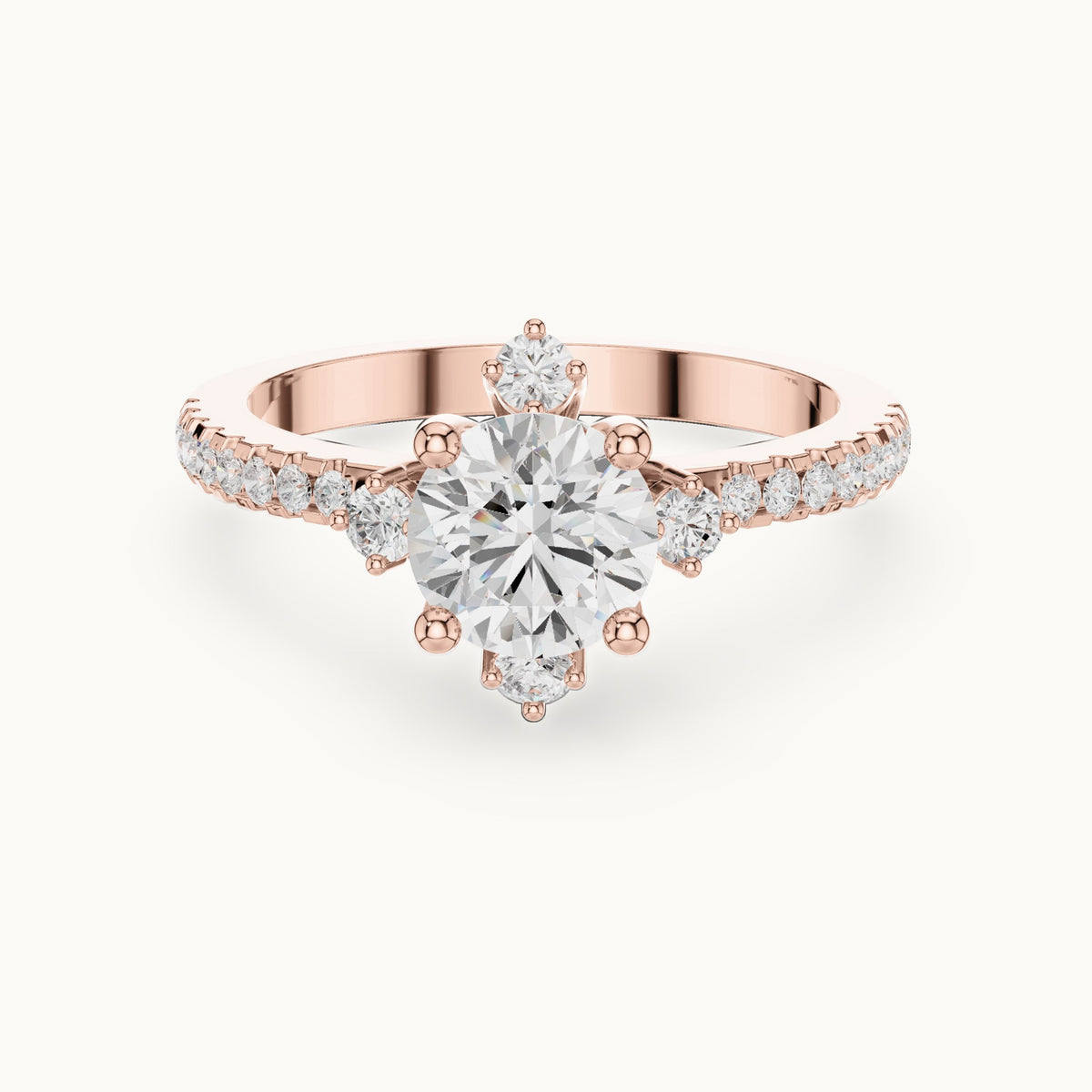 Round lab-grown diamond compass accent engagement ring with pavé band in rose gold, 1.30 CT TW, view 4