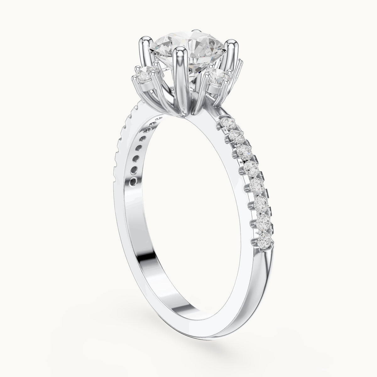 Round lab-grown diamond compass accent engagement ring with pavé band in white gold, 1.30 CT TW, view 1