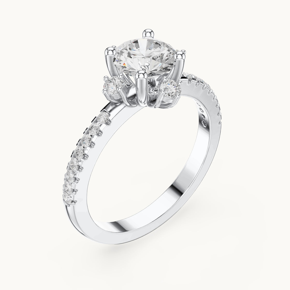 Round lab-grown diamond compass accent engagement ring with pavé band in white gold, 1.30 CT TW, view 2