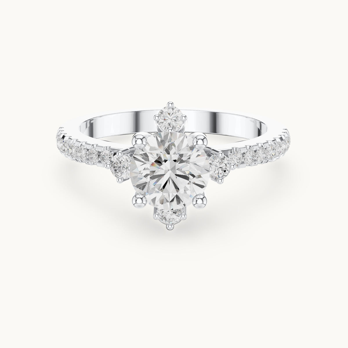 Round lab-grown diamond compass accent engagement ring with pavé band in white gold, 1.30 CT TW, view 4