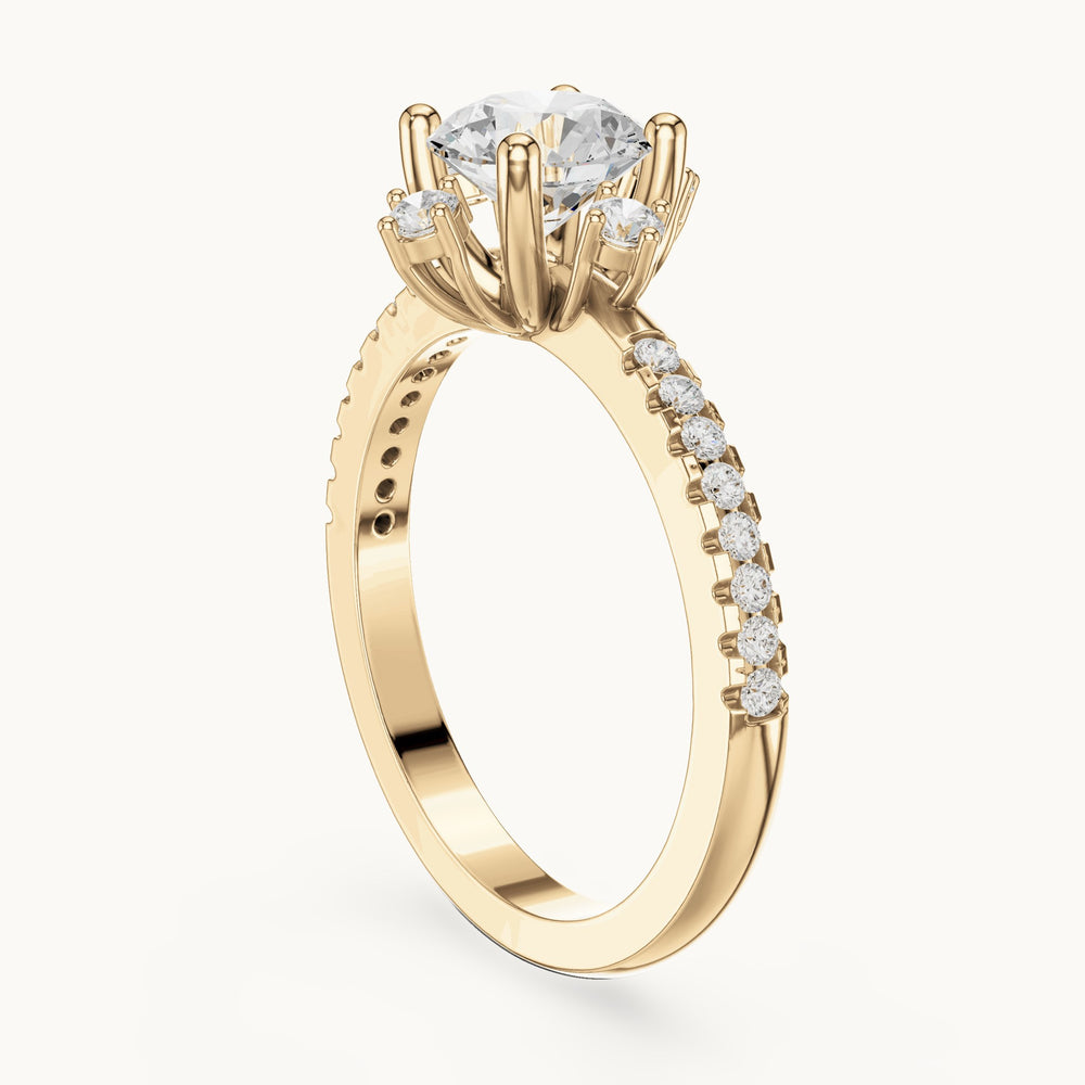Round lab-grown diamond compass accent engagement ring with pavé band in yellow gold, 1.30 CT TW, view 1
