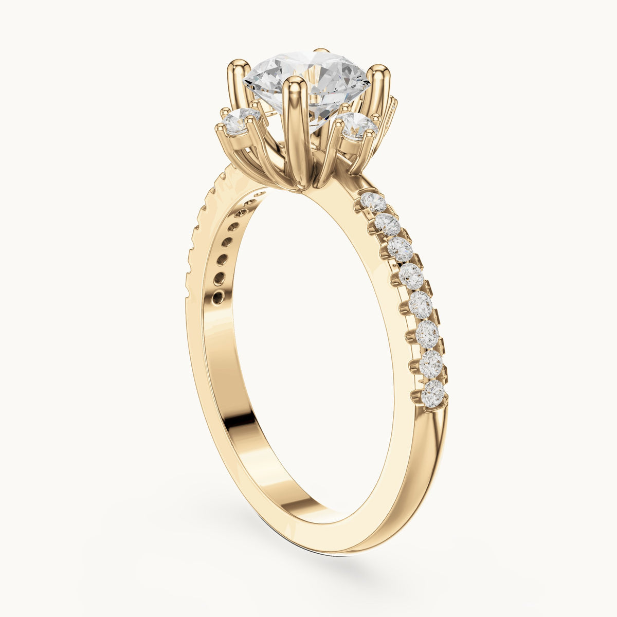 Round lab-grown diamond compass accent engagement ring with pavé band in yellow gold, 1.30 CT TW, view 1