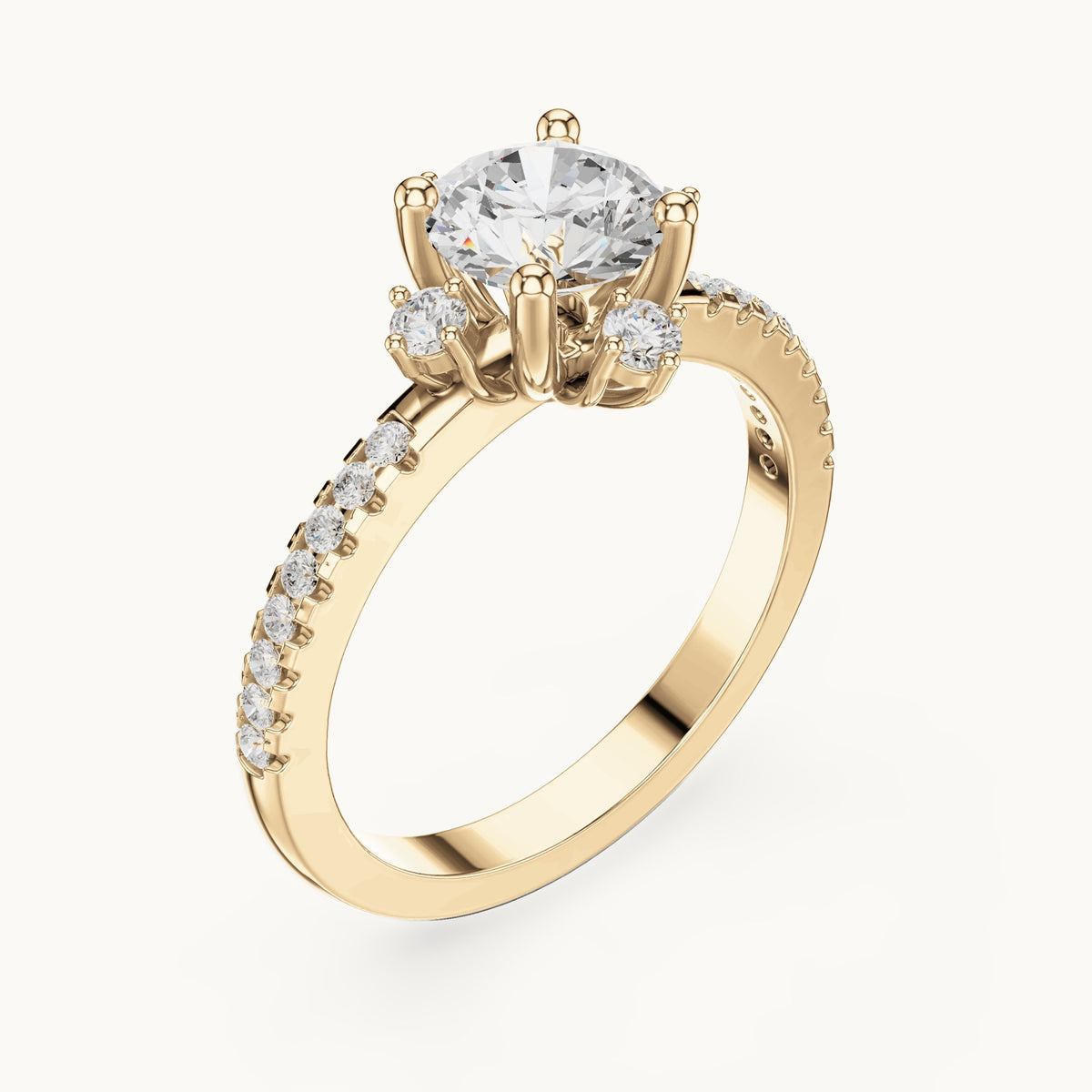 Round lab-grown diamond compass accent engagement ring with pavé band in yellow gold, 1.30 CT TW, view 2