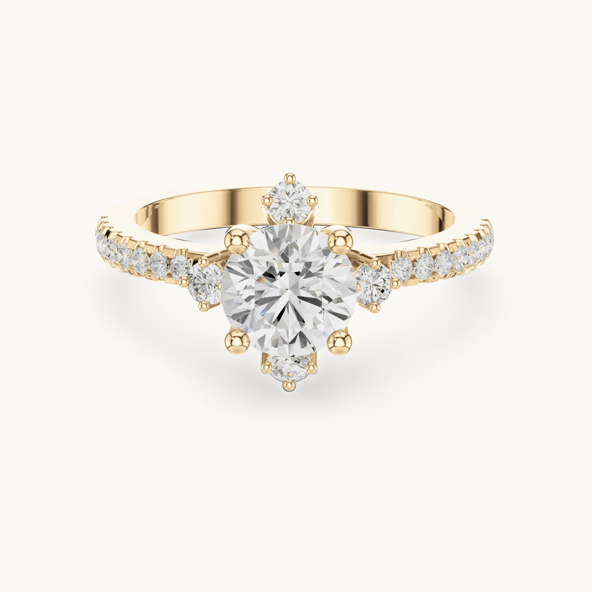 Round lab-grown diamond compass accent engagement ring with pavé band in yellow gold, 1.30 CT TW, view 4