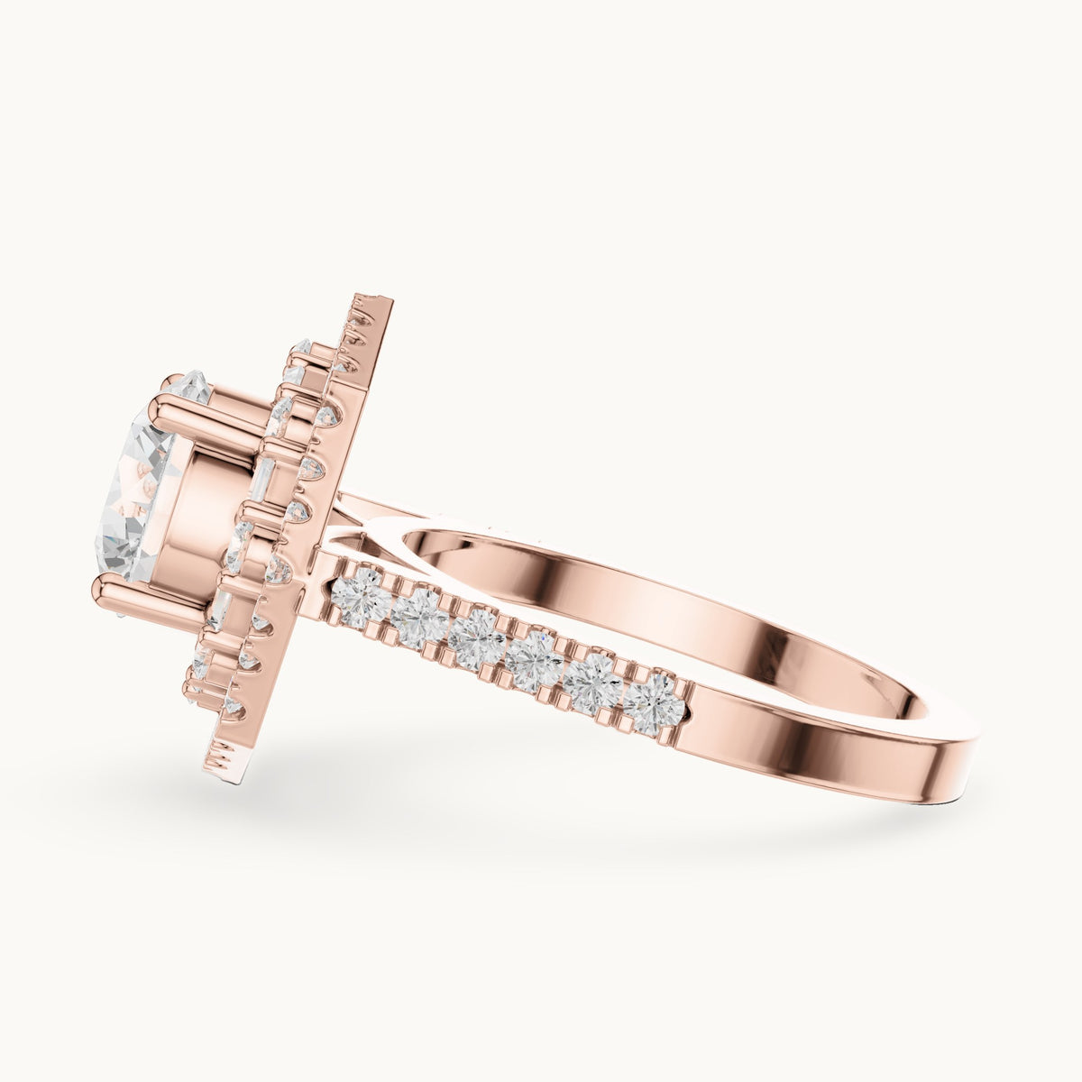 Round and baguette lab-grown diamond baguette halo engagement ring in rose gold, 2.38 CT TW, view 3