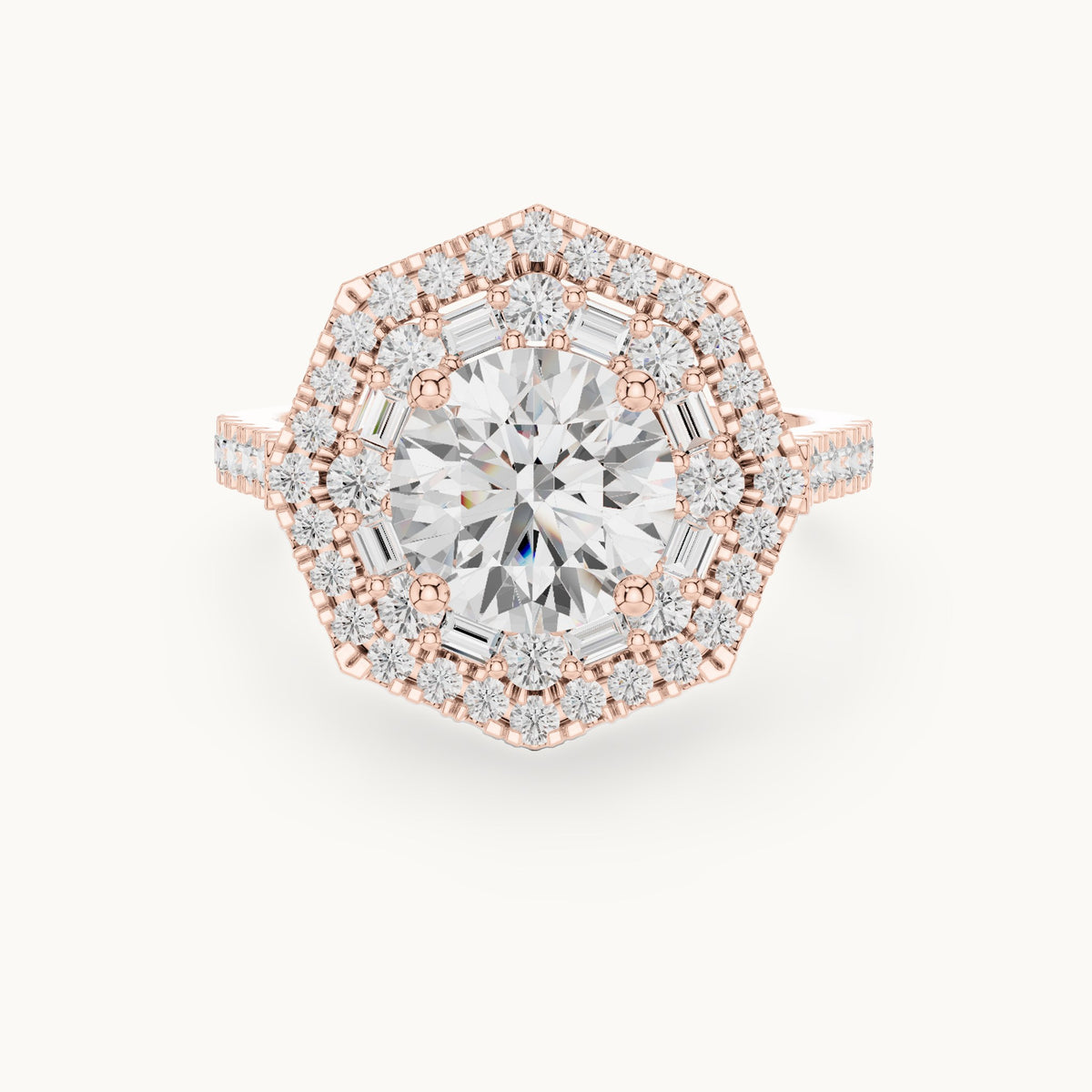 Round and baguette lab-grown diamond baguette halo engagement ring in rose gold, 2.38 CT TW, view 4
