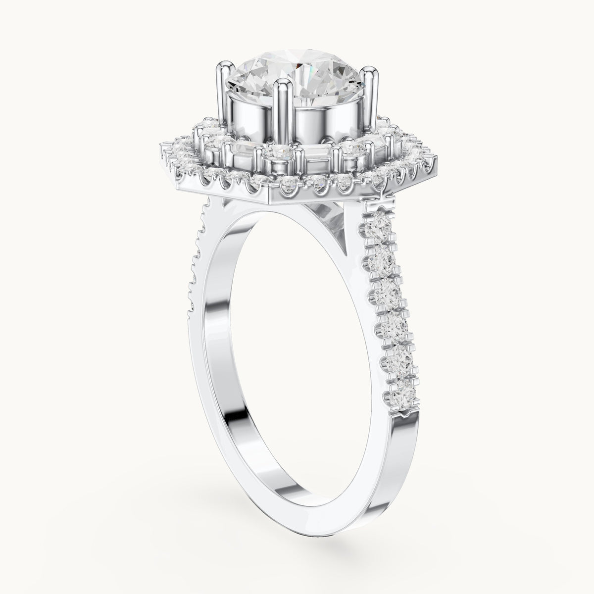 Round and baguette lab-grown diamond baguette halo engagement ring in white gold, 2.38 CT TW, view 1