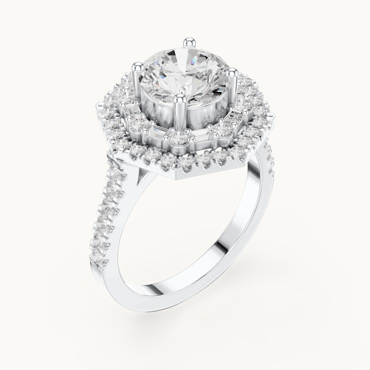 Round and baguette lab-grown diamond baguette halo engagement ring in white gold, 2.38 CT TW, view 2