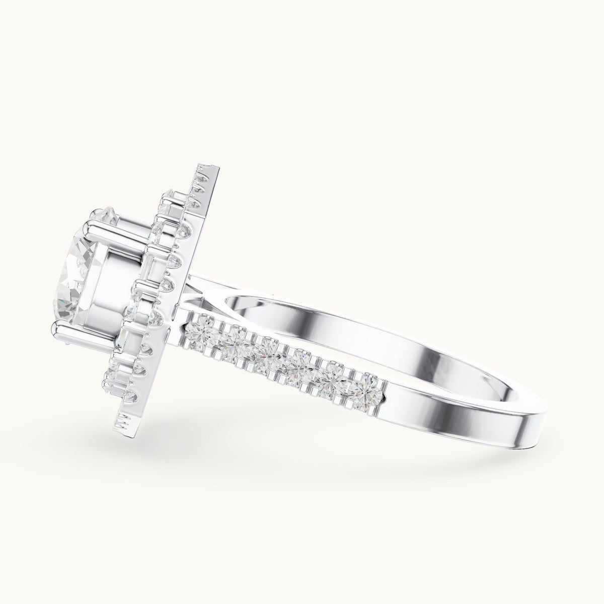 Round and baguette lab-grown diamond baguette halo engagement ring in white gold, 2.38 CT TW, view 3