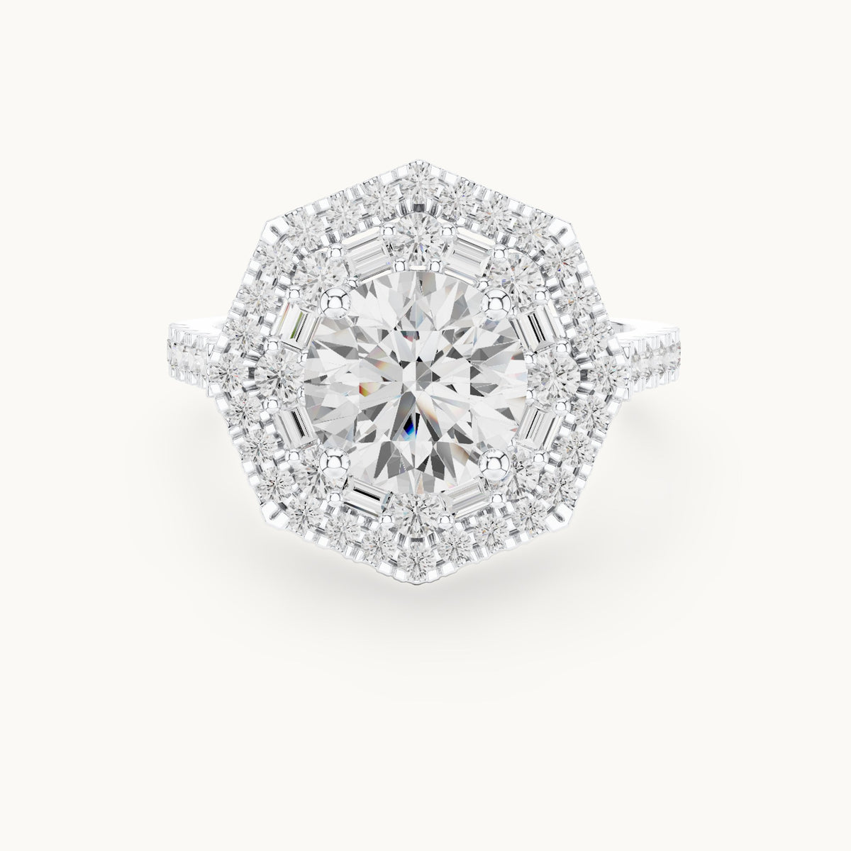 Round and baguette lab-grown diamond baguette halo engagement ring in white gold, 2.38 CT TW, view 4