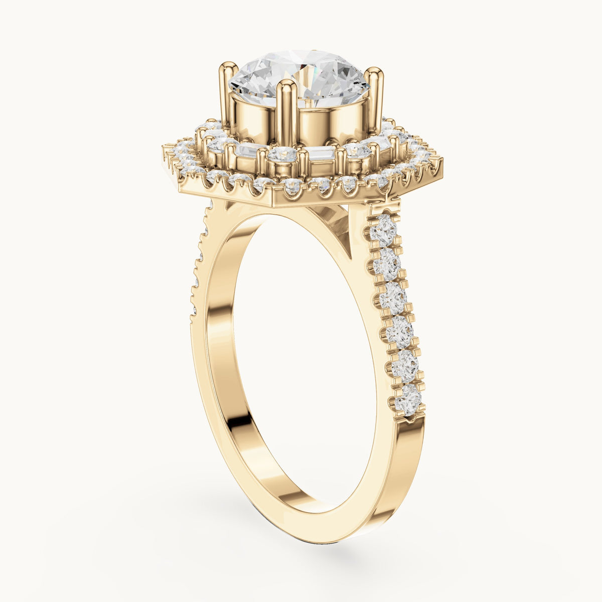 Round and baguette lab-grown diamond baguette halo engagement ring in yellow gold, 2.38 CT TW, view 1