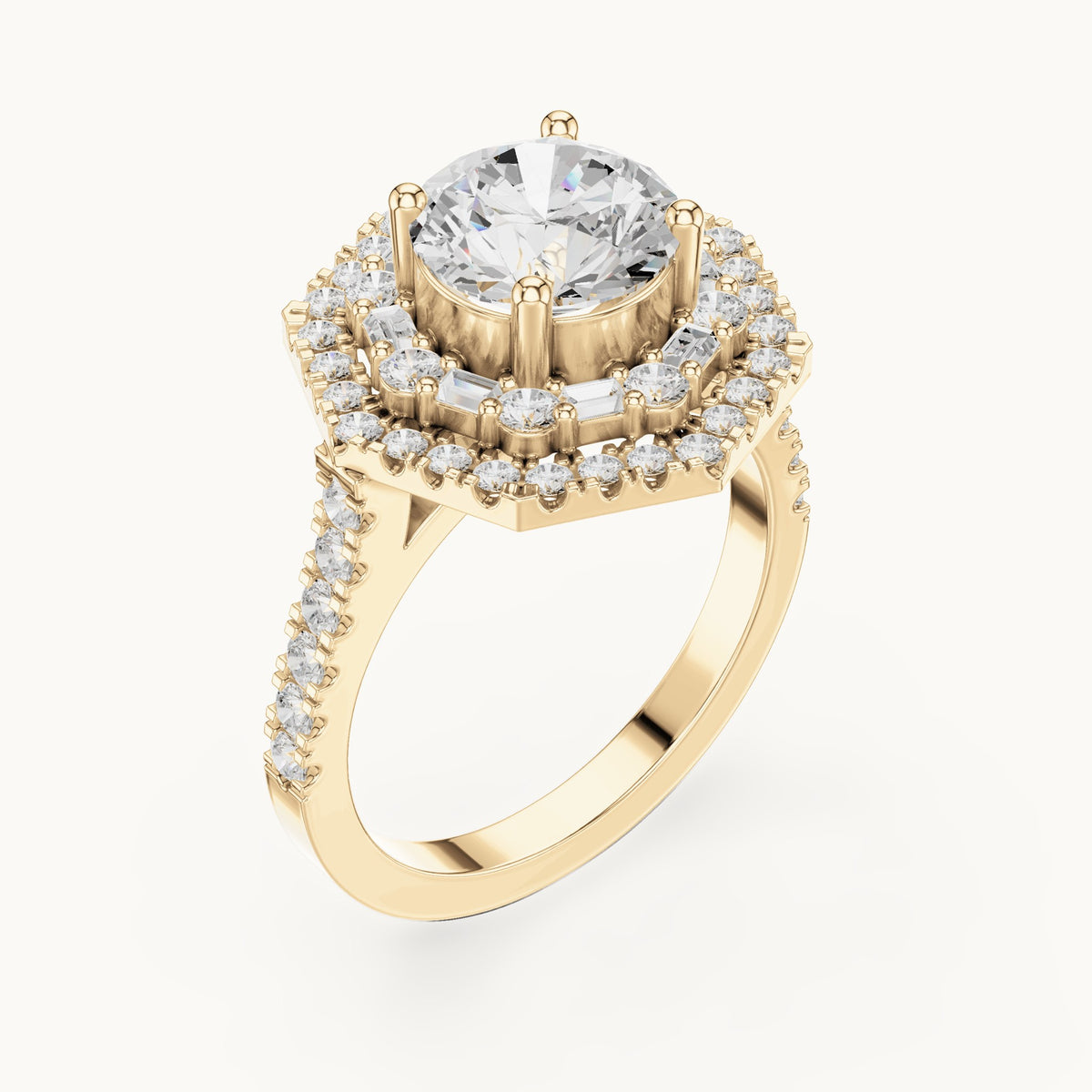 Round and baguette lab-grown diamond baguette halo engagement ring in yellow gold, 2.38 CT TW, view 2