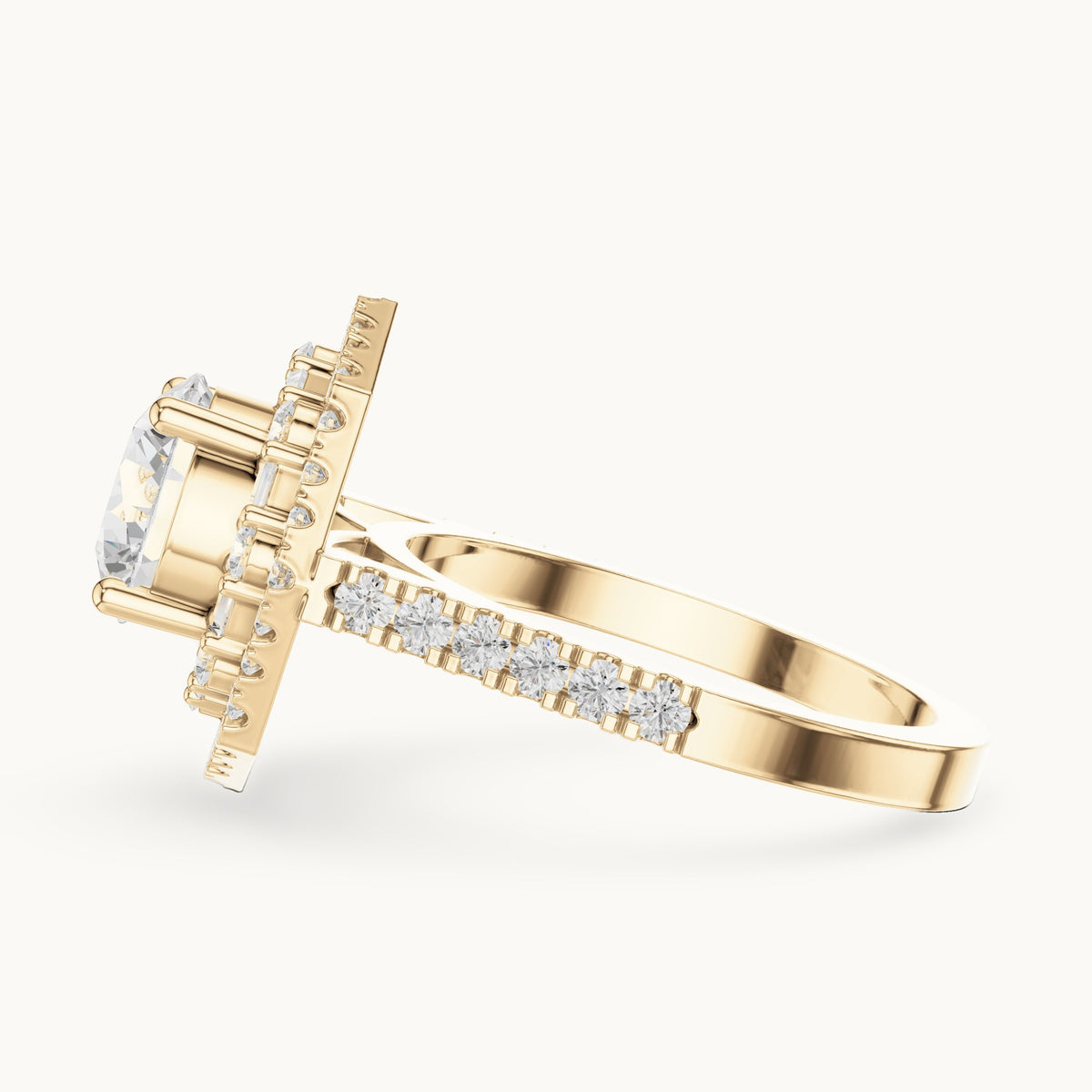 Round and baguette lab-grown diamond baguette halo engagement ring in yellow gold, 2.38 CT TW, view 3