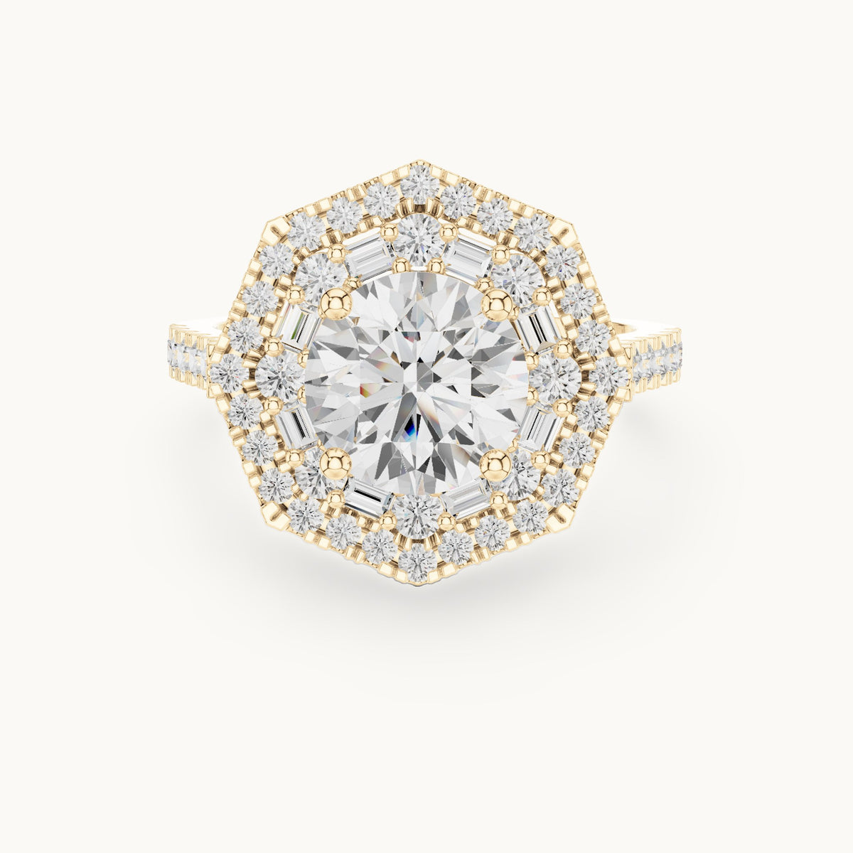 Round and baguette lab-grown diamond baguette halo engagement ring in yellow gold, 2.38 CT TW, view 4