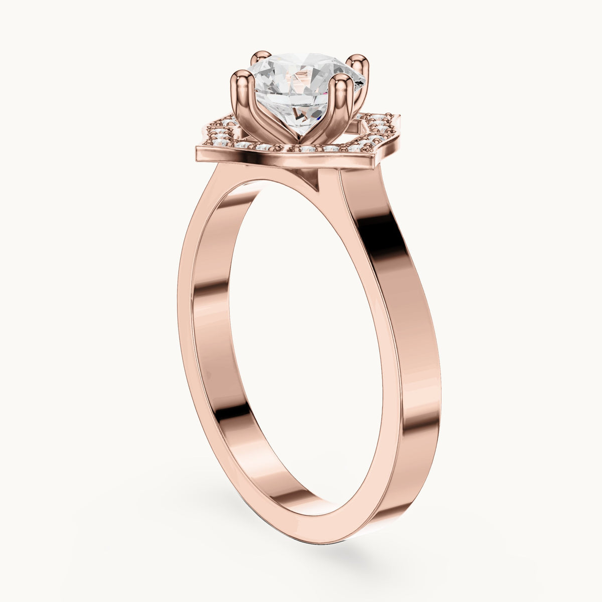 Round lab-grown diamond geometric halo engagement ring in rose gold, 0.972 CT TW, view 1