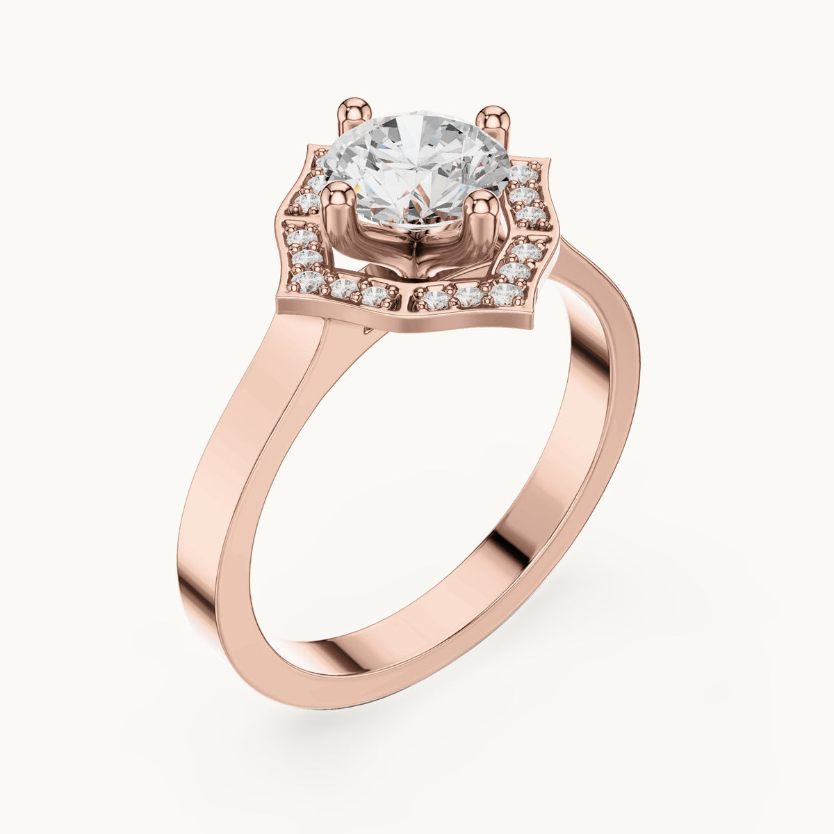 Round lab-grown diamond geometric halo engagement ring in rose gold, 0.972 CT TW, view 2