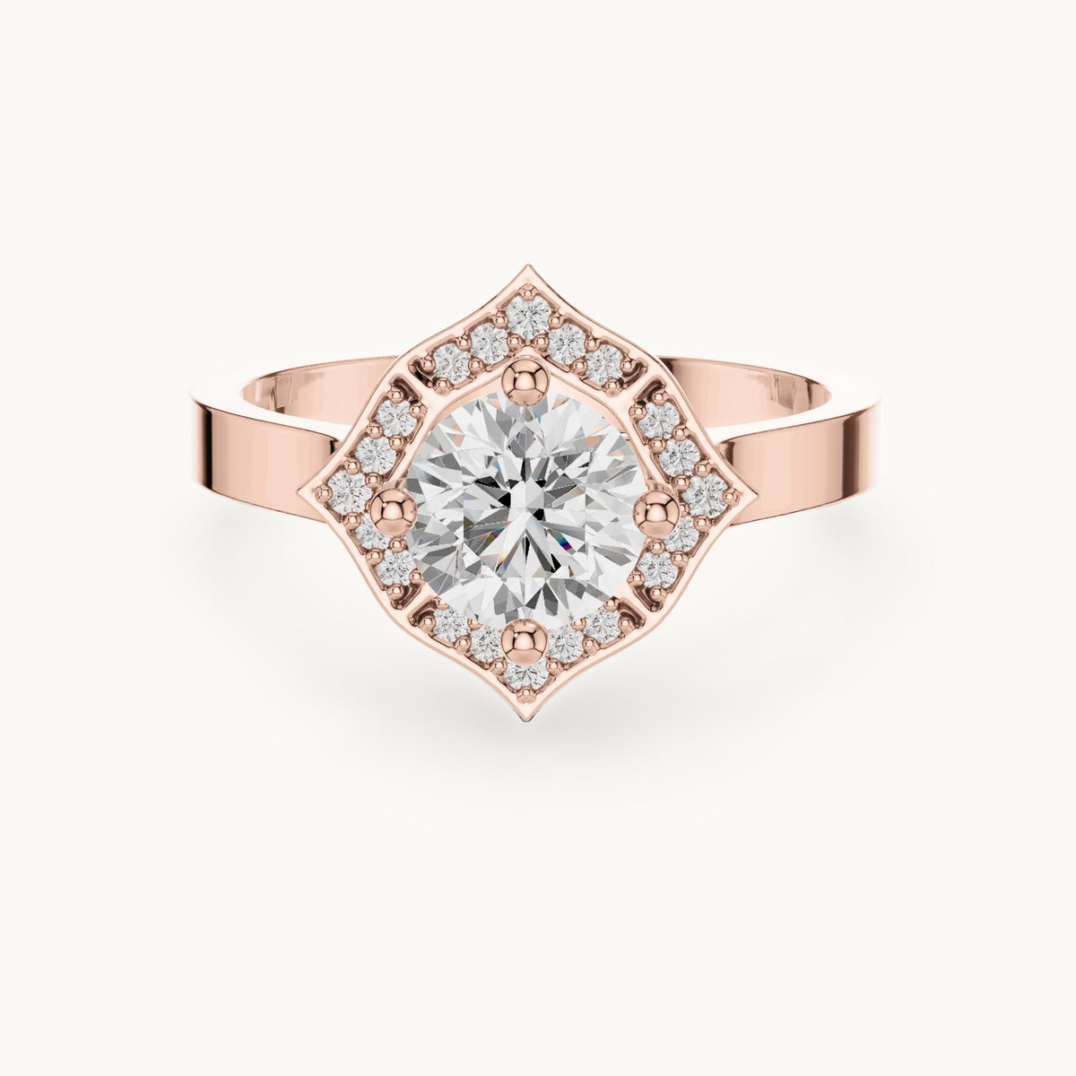 Round lab-grown diamond geometric halo engagement ring in rose gold, 0.972 CT TW, view 4