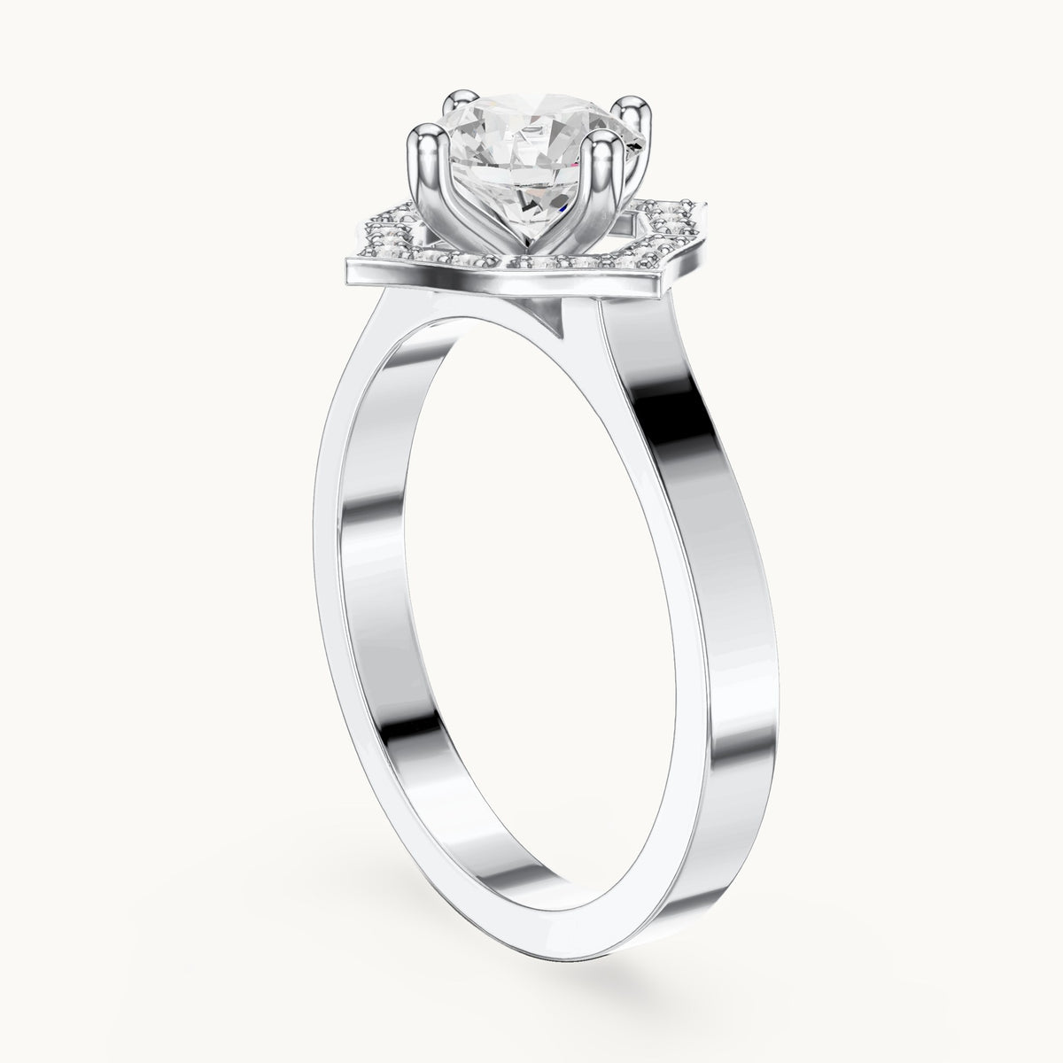 Round lab-grown diamond geometric halo engagement ring in white gold, 0.972 CT TW, view 1