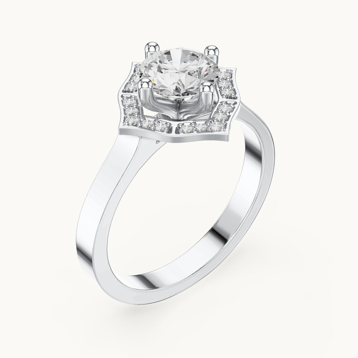Round lab-grown diamond geometric halo engagement ring in white gold, 0.972 CT TW, view 2