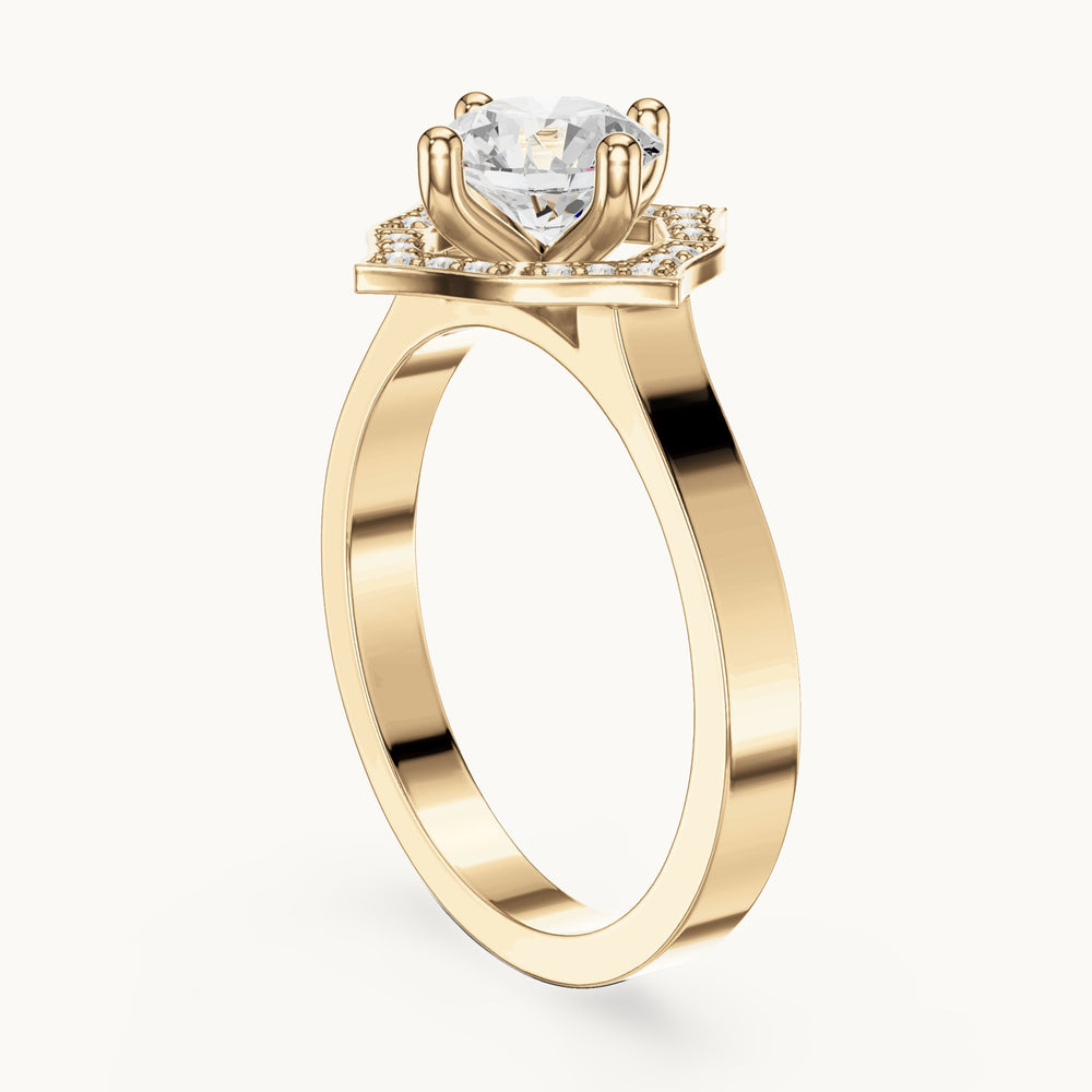Round lab-grown diamond geometric halo engagement ring in yellow gold, 0.972 CT TW, view 1