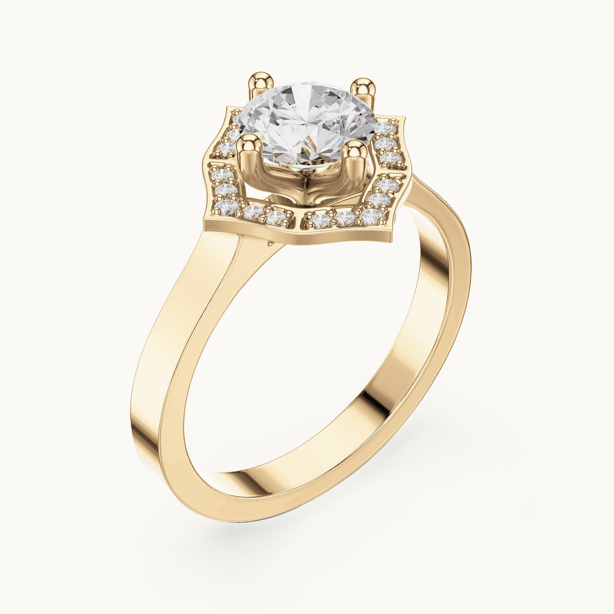 Round lab-grown diamond geometric halo engagement ring in yellow gold, 0.972 CT TW, view 2