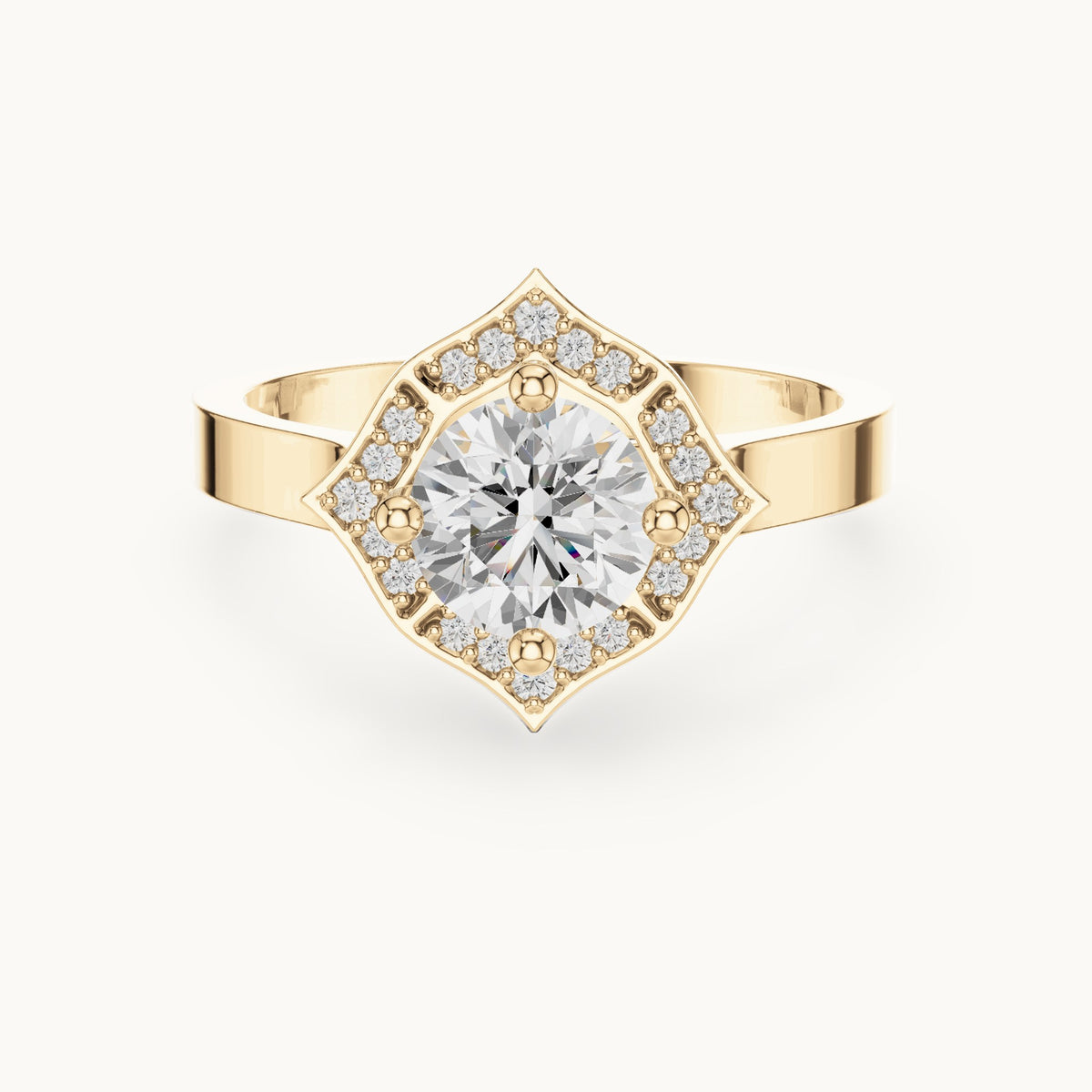 Round lab-grown diamond geometric halo engagement ring in yellow gold, 0.972 CT TW, view 4