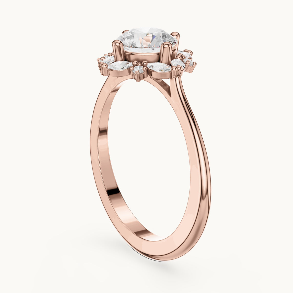 Round and marquise lab-grown diamond flower halo engagement ring in rose gold, 1.158 CT TW, view 1