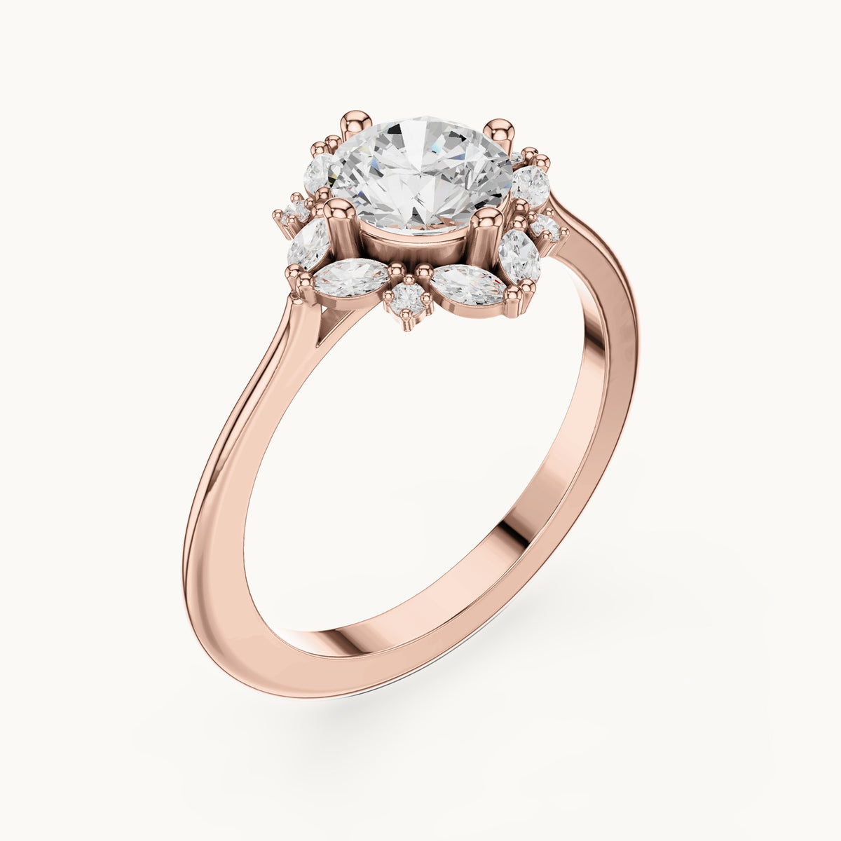 Round and marquise lab-grown diamond flower halo engagement ring in rose gold, 1.158 CT TW, view 2