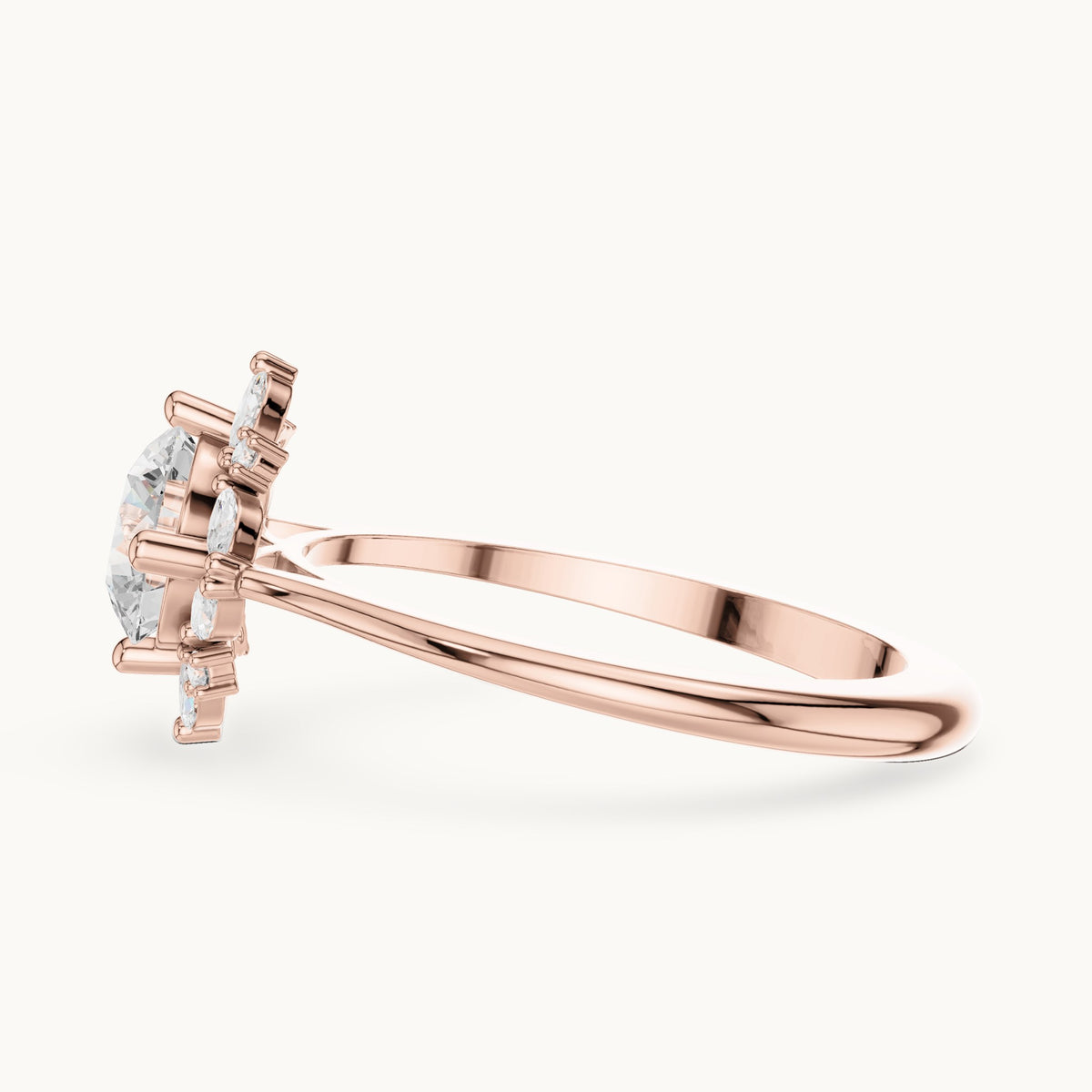 Round and marquise lab-grown diamond flower halo engagement ring in rose gold, 1.158 CT TW, view 3