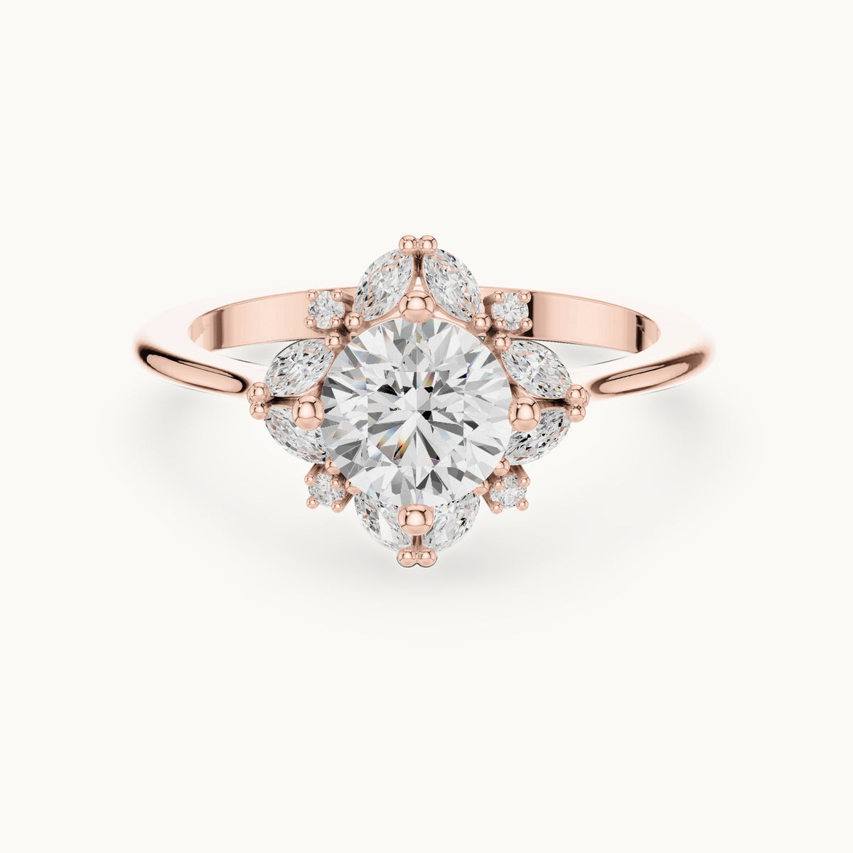 Round and marquise lab-grown diamond flower halo engagement ring in rose gold, 1.158 CT TW, view 4