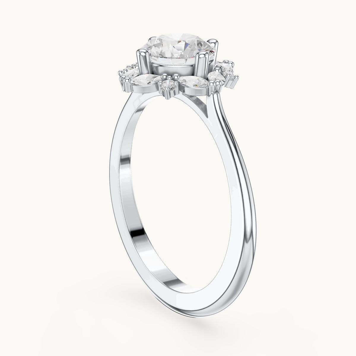 Round and marquise lab-grown diamond flower halo engagement ring in white gold, 1.158 CT TW, view 1