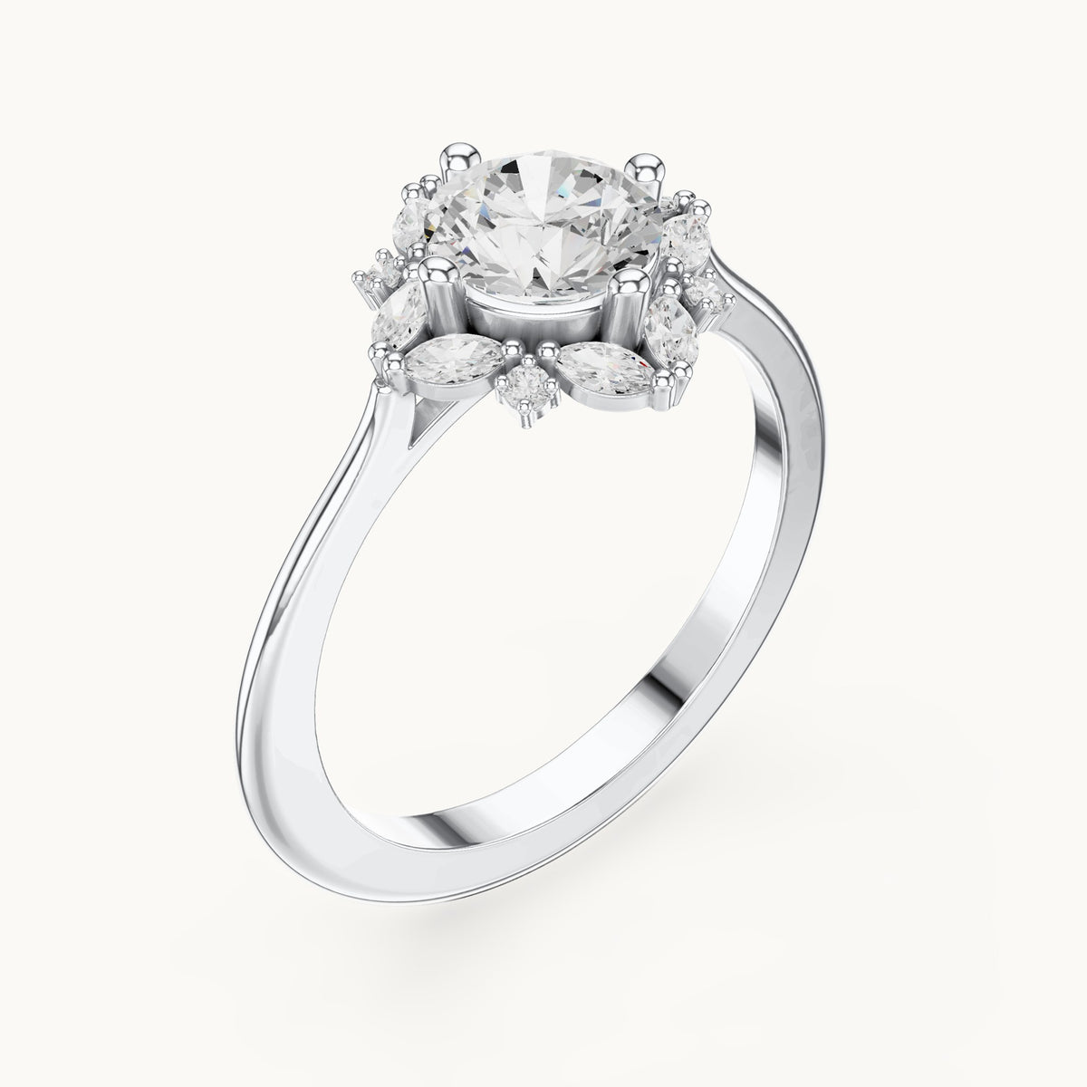 Round and marquise lab-grown diamond flower halo engagement ring in white gold, 1.158 CT TW, view 2