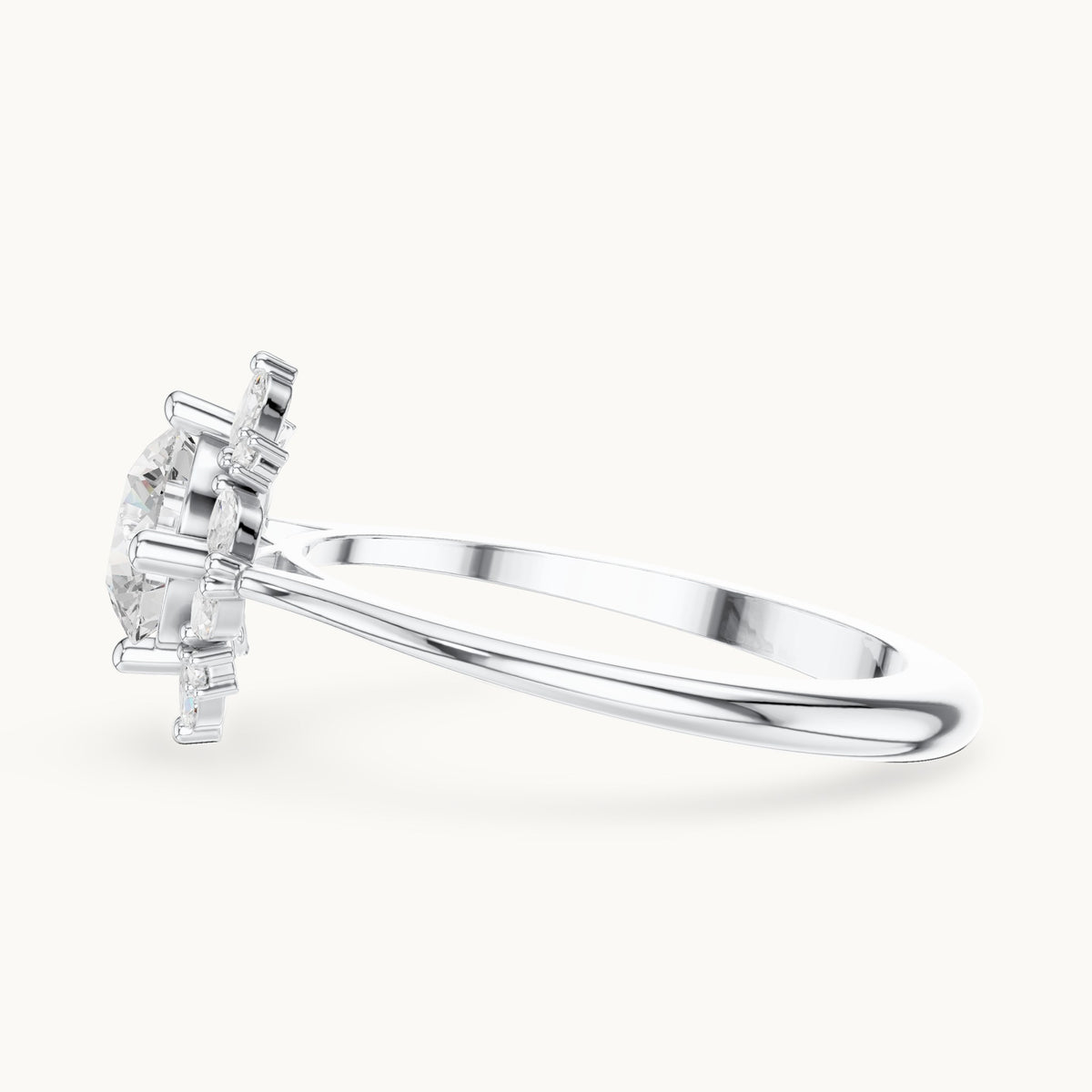 Round and marquise lab-grown diamond flower halo engagement ring in white gold, 1.158 CT TW, view 3