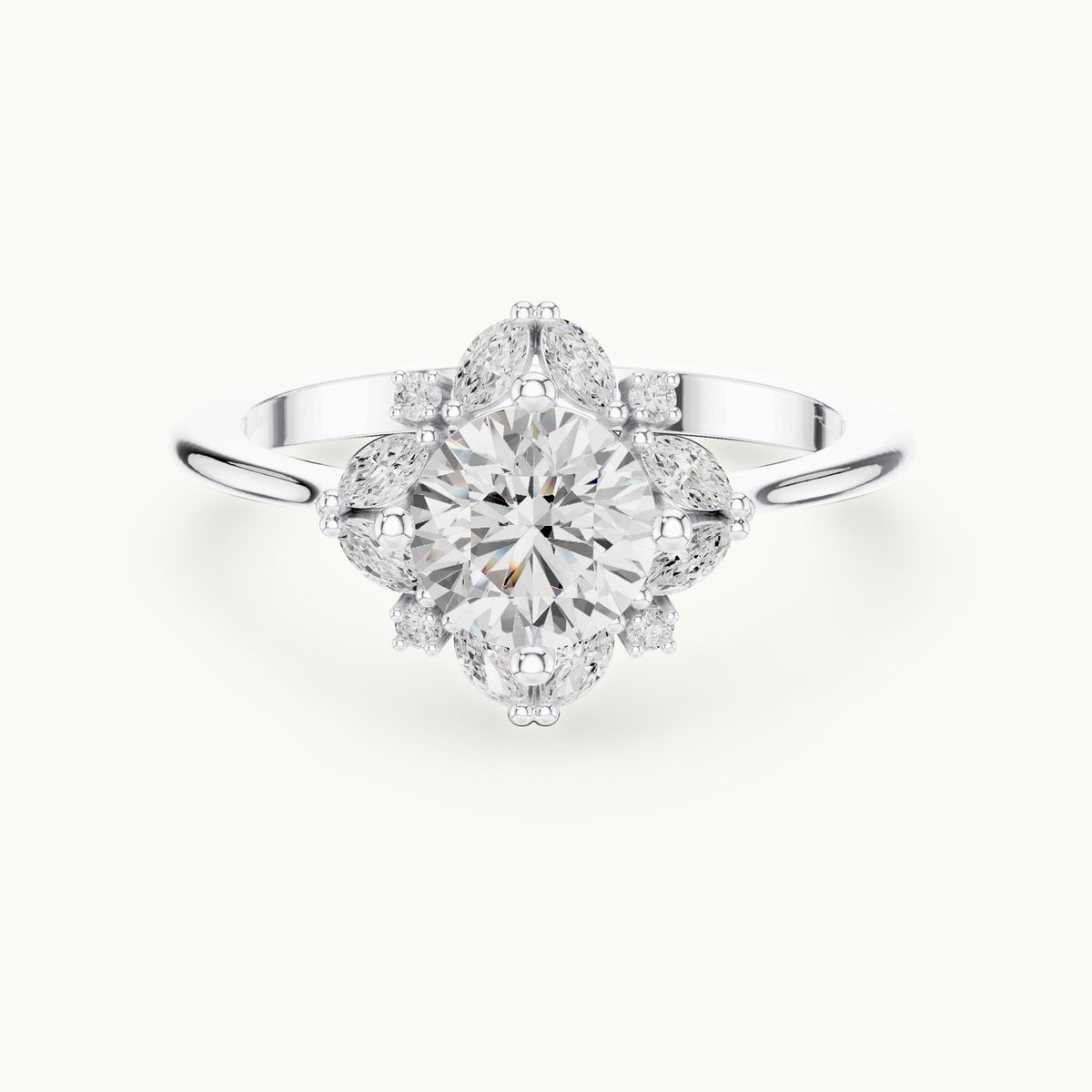 Round and marquise lab-grown diamond flower halo engagement ring in white gold, 1.158 CT TW, view 4