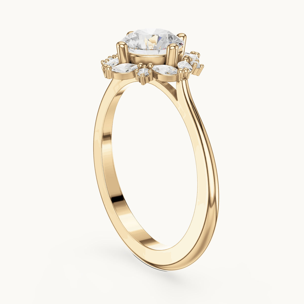 Round and marquise lab-grown diamond flower halo engagement ring in yellow gold, 1.158 CT TW, view 1