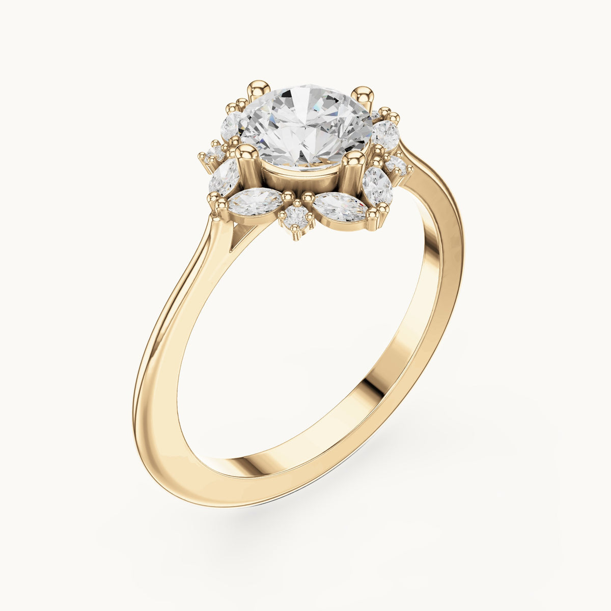 Round and marquise lab-grown diamond flower halo engagement ring in yellow gold, 1.158 CT TW, view 2