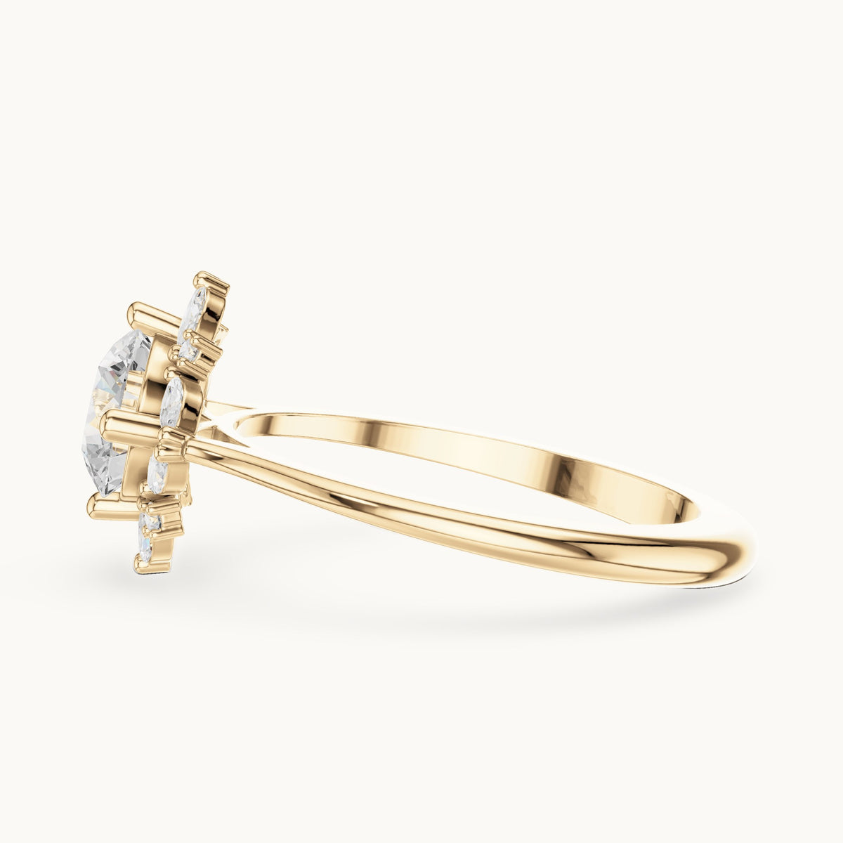 Round and marquise lab-grown diamond flower halo engagement ring in yellow gold, 1.158 CT TW, view 3