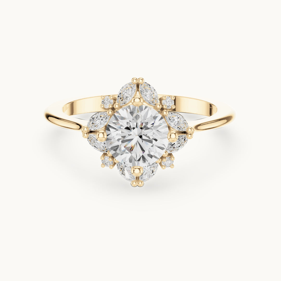 Round and marquise lab-grown diamond flower halo engagement ring in yellow gold, 1.158 CT TW, view 4